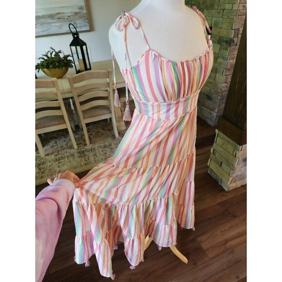 ChicWish Rainbow Pastel Striped Multicolor Maxi‎ with Tassels Dress Boho Size M - Picture 3 of 10